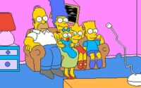 pixelated simpsons family sitting on the sofa, scene from the games attract mode.