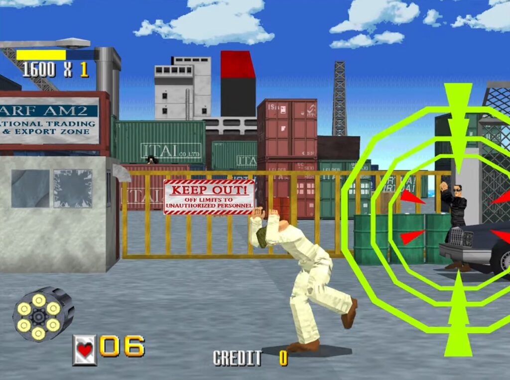 virtua cop screenshot, a friendly hostage runs across the screen as an enemy is targeted on the right of the screen