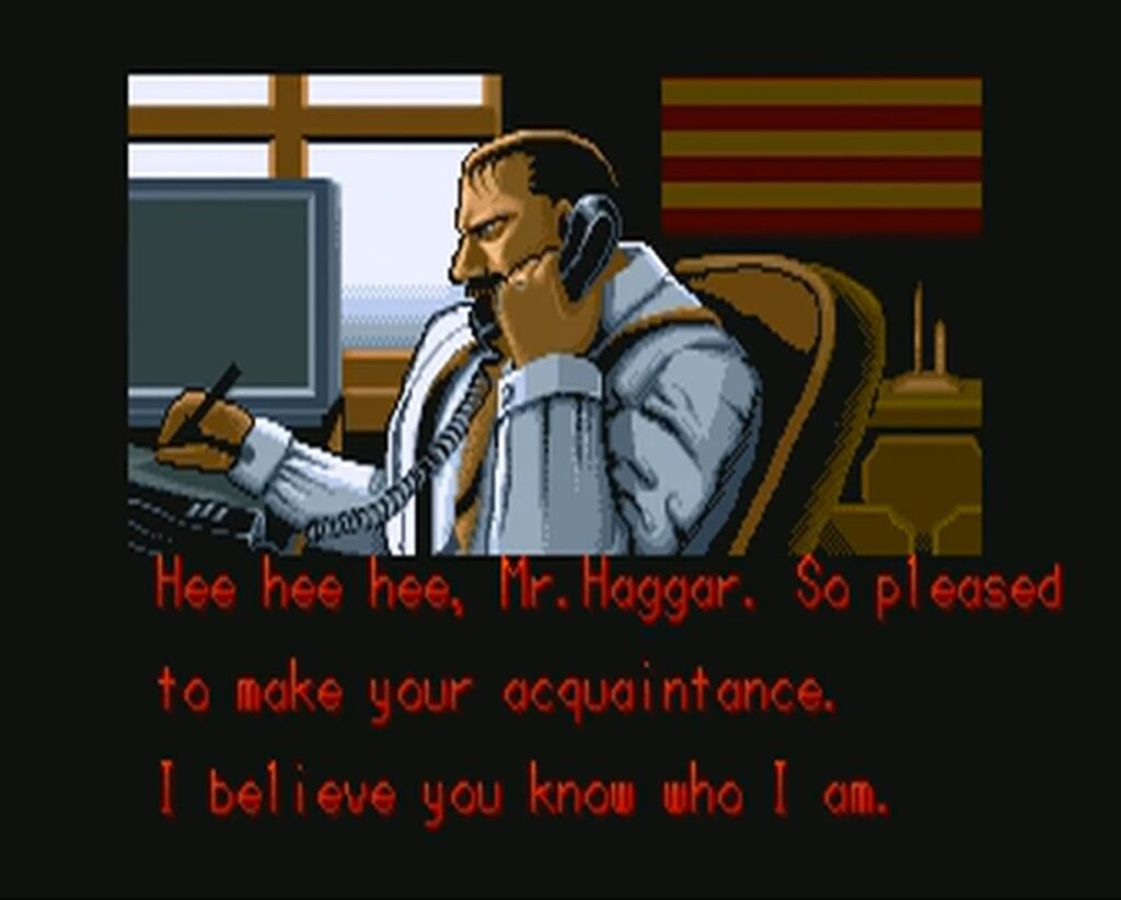 cut scene from final fight with the text "hee hee hee, mr haggar. so please to make your acquaintance."