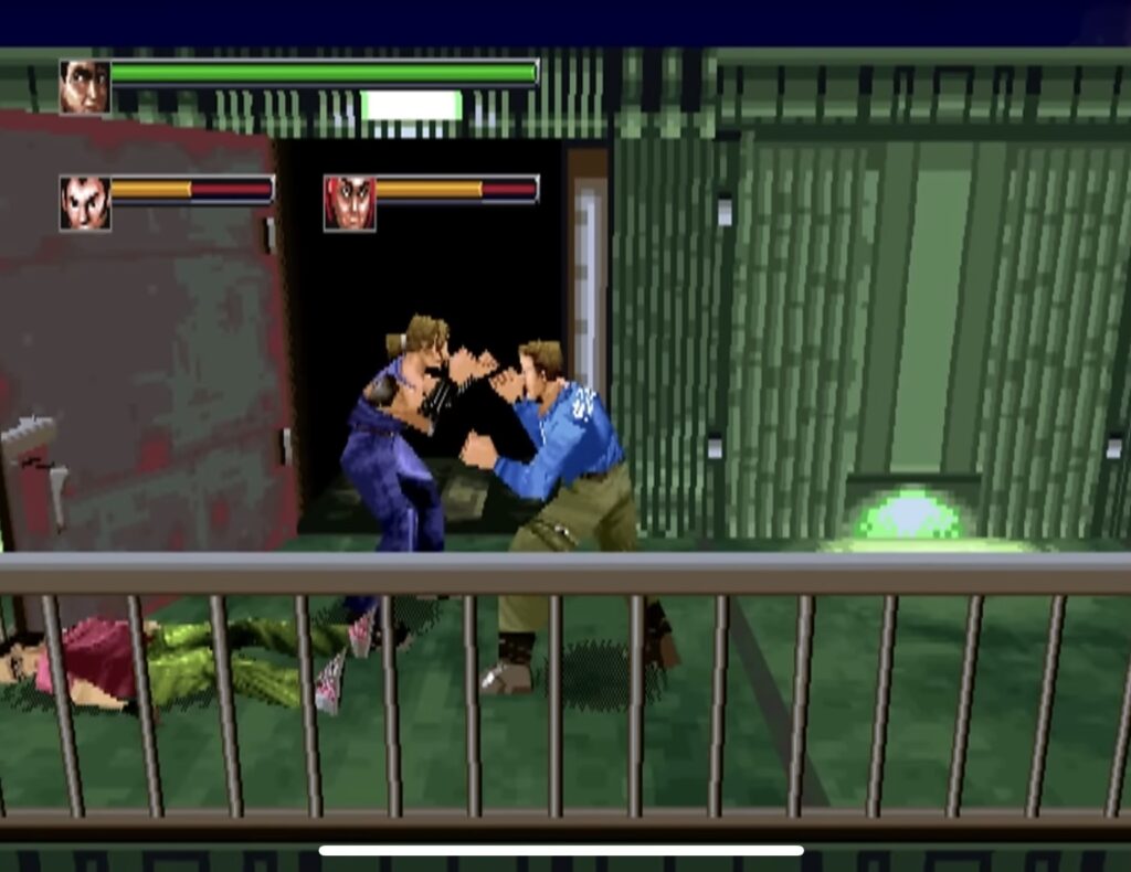 Screenshot of die hard arcade, a character beating two enemies up